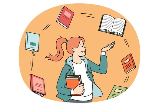 Education and reading books concept. Smiling girl student standing and looking at various books flying around her getting prepared for exam vector illustration