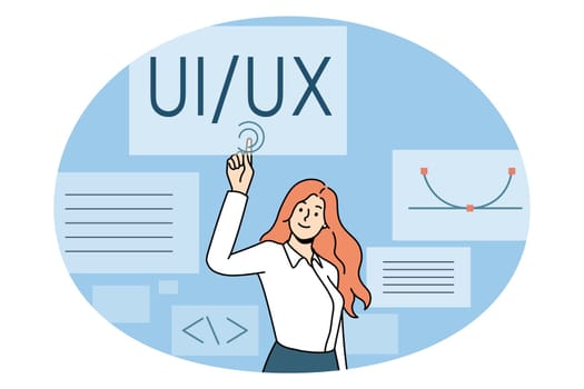 User interface and experience concept. Young woman web designer computer programmer standing and pointing at ui ux vector illustration