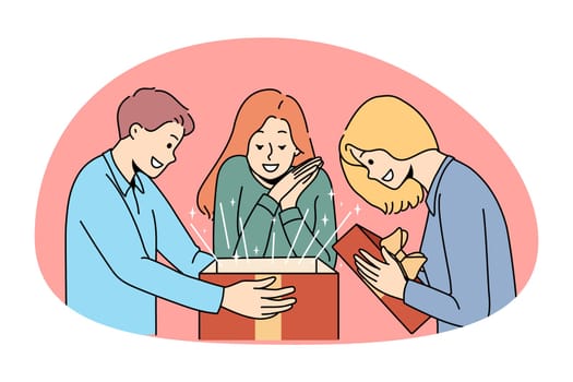 Surprise present and gift concept. Group of smiling cheerful excited people friends standing opening surprise box with magic inside vector illustration