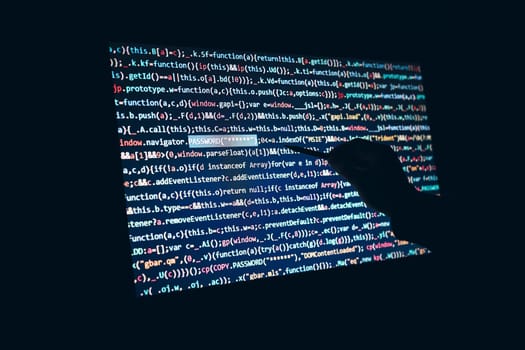 Cyber security. Screen with program code. Using computer and programming to break code. Internet and network security. Stealing private information. Person using technology to steal password and private data. Cyber attack crime
