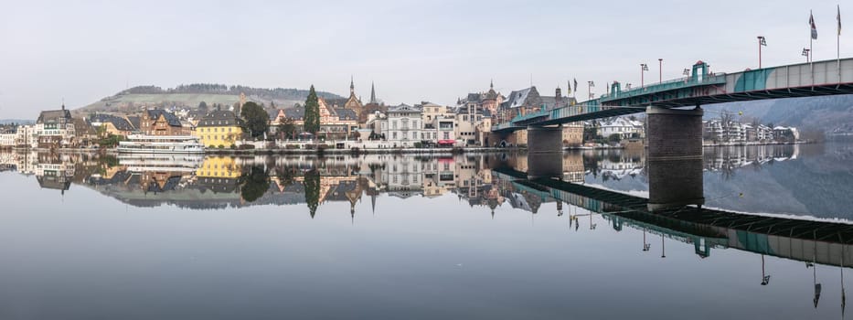 TRABEN-TRARBACH, GERMANY - DECEMBER 18, 2022: Panoramic image of Traben-Trarbach on a cold und foggy winter day on December 18, 2022 in Rhineland-Palatinate, Germany