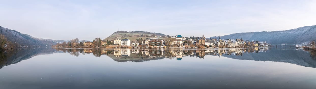 TRABEN-TRARBACH, GERMANY - DECEMBER 18, 2022: Panoramic image of Traben-Trarbach on a cold und foggy winter day on December 18, 2022 in Rhineland-Palatinate, Germany