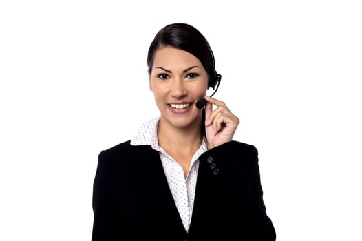 Image of a female support staff posing over white