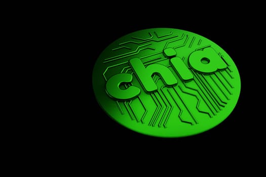 Green chia coin isolated on black background. Chia eco crypto currency. 3D rendering