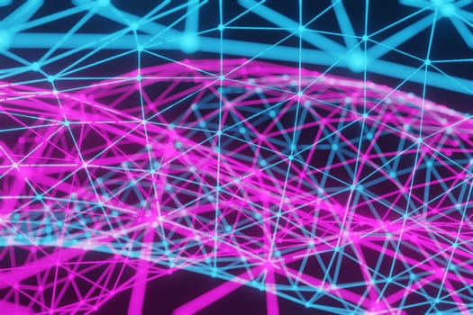 Abstract partially blurred background. Polygonal grid of neon pink and blue colors on black background. 3d render