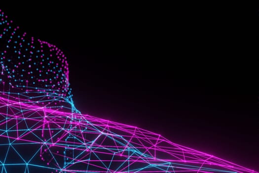 Abstract partially blurred background, polygonal grid of neon pink and blue colors on black background. Copy space. 3d render