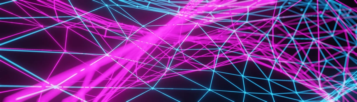 Abstract partially blurred background. Polygonal grid of neon pink and blue colors on black background. Banner. 3d render