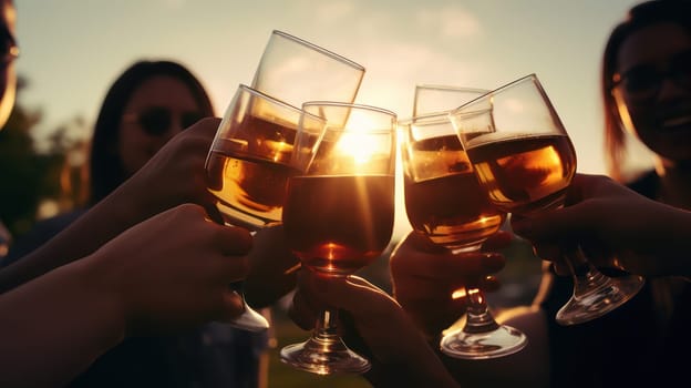 A close-up photo of a group of young people raising their glasses in a toast during sunset. The focus is on their hands holding their colorful drinks, with the background slightly blurred but still visible, showing other groups of people socializing in the same area. The warm, golden hour light creates a relaxed and inviting atmosphere.