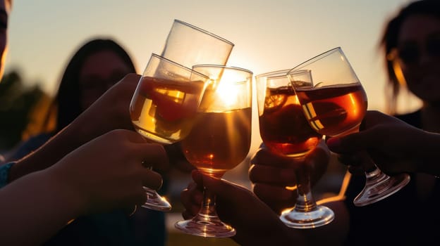 This photo captures the joyous moment as a group of young people raise their glasses in a toast at sunset. The focus is on their hands holding their colorful drinks, while the background shows other groups socializing in the same area. The intricate patterns on the glasses and the warm golden hour light add to the festive atmosphere.