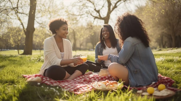 Three young women, in their mid-twenties, enjoying a sunny day in the park while having a picnic on a red and white checkered blanket. The scene is set in a wide grassy meadow surrounded by tall trees, with other groups of people playing and chatting in the background. The image captures the beauty of nature, friendship, and relaxation.