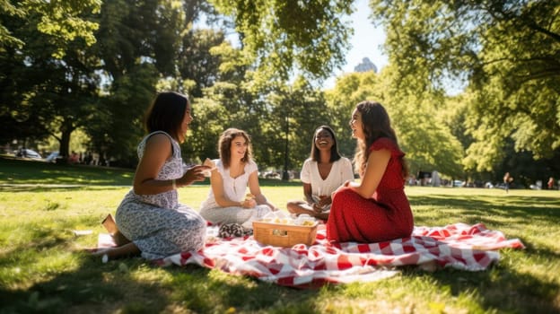 Three young women enjoying a picnic on a checkered blanket in a grassy meadow. The sun shines down, casting dappled shadows from the tall trees. Other groups of young people can be seen playing frisbee and socializing in the background.