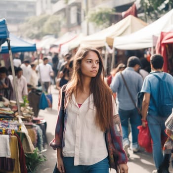 This image captures a 25-year-old woman exploring a bustling street market in the heart of the city. She peruses fresh produce and handcrafted goods while carrying a woven basket on her arm. The architecture of the city can be seen in the background, with tall buildings and old-fashioned lampposts adding to the charm of the scene. The woman is stylishly dressed in a light blue denim jacket and white t-shirt, with her long brown hair tied back in a ponytail.