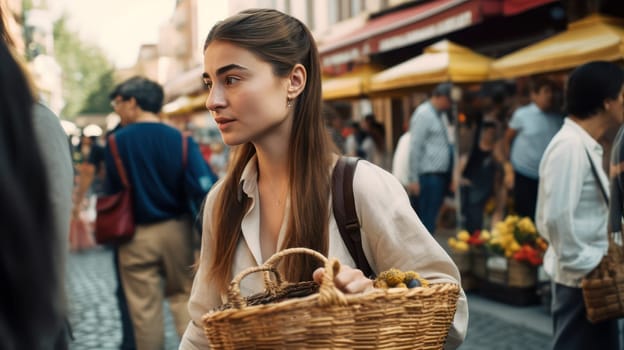 This photo captures the excitement of a crowded street market, as a 25-year-old woman explores the vendors and displays. She carries a woven basket and wears a denim jacket and white t-shirt, standing out among the colorful surroundings. The city's architecture provides a stunning backdrop, with tall buildings and classic lampposts visible in the distance. The scene is full of energy, with people chatting and vendors calling out their wares.