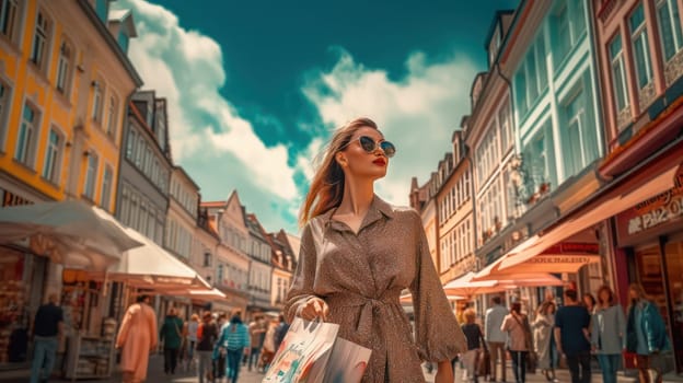 This photo captures a stylish 25-year-old woman enjoying a shopping spree in a bustling German pedestrian zone. She is carrying several shopping bags and is dressed in a fashionable outfit. The vibrant street is filled with other shoppers, and the colorful storefronts and signs provide a picturesque backdrop. The sky is a bright blue with a few fluffy clouds scattered throughout. The image is high-quality with sharp details and no blurriness.