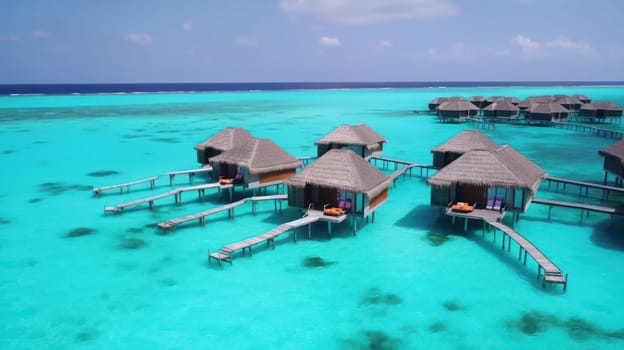 This photograph captures the serene beauty of the Maldives, with crystal clear waters, white sandy beaches, and lush greenery in the background. It portrays a peaceful scene that inspires a sense of tranquility and relaxation.