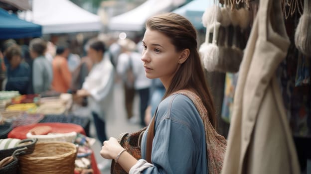 This photo captures a lively street market scene in the heart of a city. A 25-year-old woman walks through the crowd, carefully selecting fresh produce and admiring handmade crafts. Her casual outfit and woven basket give off a relaxed vibe, while the architecture and bustling energy of the city create an exciting backdrop. Vendors call out their wares and shoppers chat with each other, making for a vibrant atmosphere.