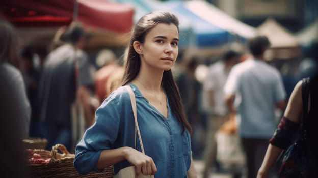 This photo captures the vibrant atmosphere of a bustling street market in a city. The focal point is a 25-year-old woman who is browsing the wares of various vendors, holding a woven basket and sporting a stylish denim jacket and white t-shirt. The backdrop features towering buildings and classic lampposts that add to the urban aesthetic. The scene is full of energy, with vendors hawking their wares and people chatting as they peruse the market.