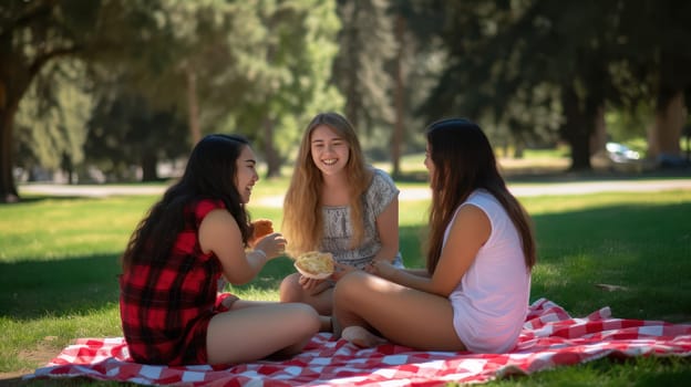 Three young women enjoy a sunny afternoon picnic on a grassy meadow in the park, surrounded by the beauty of nature and the sounds of laughter and fun. The picnic blanket is adorned in red and white checks, while the women enjoy a delicious spread of sandwiches, fruit, and drinks. In the background, other groups of young people play frisbee and socialize, creating a vibrant and lively atmosphere. The tall trees cast dappled shadows on the ground, adding to the charm of the scene. The clear blue sky with fluffy white clouds creates the perfect backdrop for this idyllic afternoon.