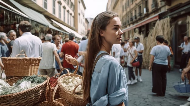 A young woman explores a lively street market, her woven basket in hand as she peruses fresh produce and handmade crafts. The city's architecture provides a charming backdrop, with tall buildings and vintage lampposts visible in the distance. The atmosphere is electric, with vendors hawking their wares and the crowd abuzz with excitement.