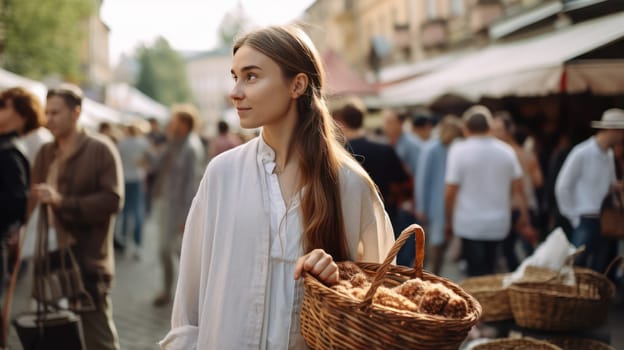 The photo depicts a young woman in her mid-twenties navigating through a busy street market, admiring the fresh produce and unique crafts on display. Her relaxed and casual outfit reflects the laid-back atmosphere of the market. The architecture of the city can be seen in the background, adding to the charm and character of the scene.