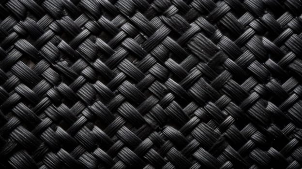 This photograph captures the intricate wicker pattern of carbon black textile material in macro view. The hyper-detailed image showcases the beauty of the weave and the rich black color. Shot on a 70mm lens, the depth of field and tilt blur add cinematic quality. The image is beautifully color-graded and coded with a full spectrum of lighting techniques including backlight, natural lighting, and studio lighting. The result is a hyper-realistic, photorealistic image with ultra-detailed, volumetric texture.