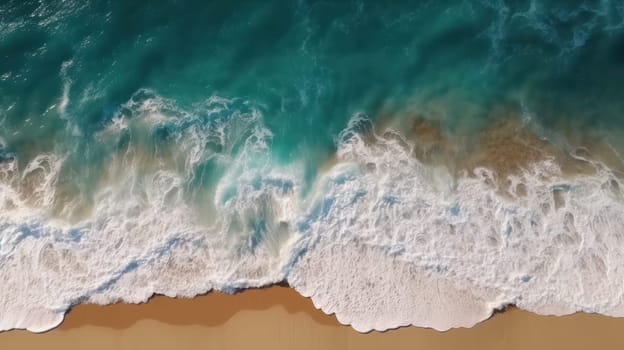 This stunning aerial photo captures the beauty of the beach and ocean waves. The image is split in half, with the top showcasing the crystal blue water and the bottom showing the sandy beach. The photo is perfect for a summer vacation or beach-themed project. Shot in 8K resolution for the ultimate detail and clarity.