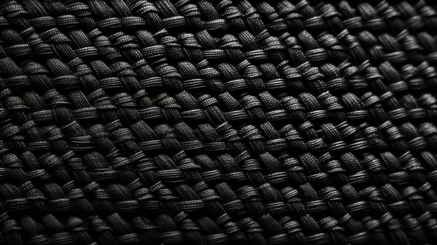 This macro shot showcases the intricate wicker pattern of a black nylon textile material. The ultra-wide angle lens captures the depth of field and hyper-detailed texture, beautifully color-coded in cinematic color grading. The image is hyper-realistic, with insanely detailed and intricate details, shot on a 70mm lens with Tilt Blur and White Balance adjustments. The lighting is half rear-lit with natural and moody lighting, and the scene is accentuated with volumetric and cinematic lighting techniques, such as contre-jour and global illumination. The post-processing adds additional depth with anti-aliasing, chromatic aberration, and cell shading.