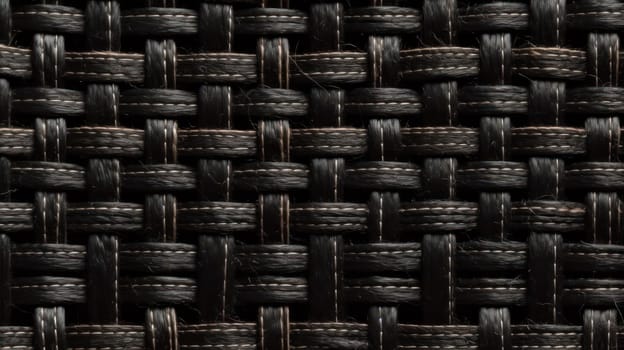 This photograph captures a close-up view of the intricate texture of straw wicker on a black background. Shot from a top view in macro, the image showcases the hyper-detailed and beautifully color-graded texture of the woven straw. The depth of field and tilt blur add an element of cinematic drama to the image, highlighting the intricate details of the pattern. The photo was shot on a 70mm lens and features 32k resolution with super-resolution and megapixel capabilities.