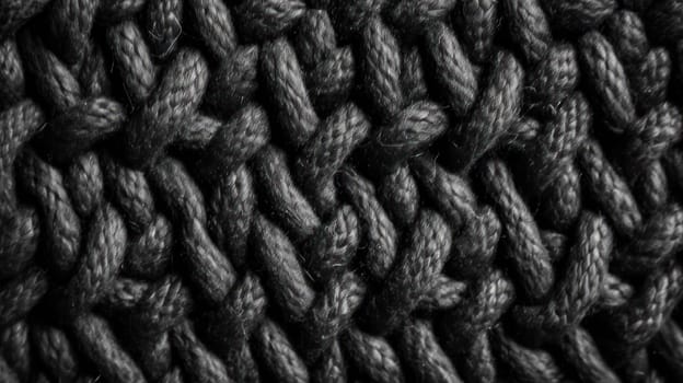 This photo showcases a close-up macro texture of black wool textile material with an intricate wicker pattern, shot from a top-down perspective. The photo is expertly color-graded and the details are hyper-realistic, making the texture appear as though it can be touched. The lighting is moody and accentuates the shadows and roughness of the material, creating a cinematic and dramatic effect. Shot on a 70mm lens with an ultra-wide angle and high-resolution capabilities, the image is perfect for editorial photography, CGI, VFX, and SFX applications.