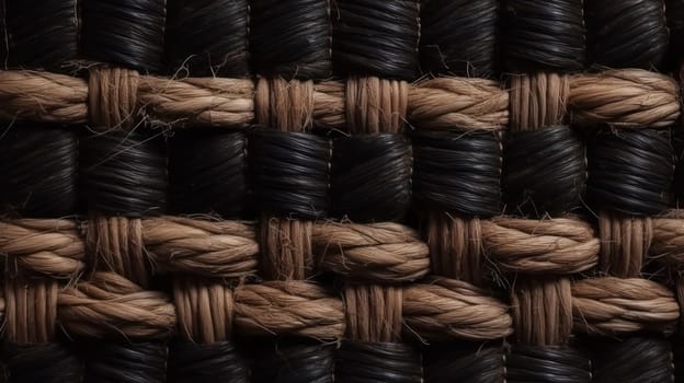 This photograph showcases the intricate details of a black straw textile material with a wicker pattern. Taken from a top view perspective, the macro shot captures the hyper-detailed texture of the material, revealing its beauty in a stunningly intricate way. The use of color grading and lighting adds to the cinematic feel of the image.