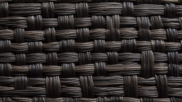 This macro photograph showcases an intricate wicker pattern woven into a black straw textile material. The top-down view captures the details and texture of the material with stunning clarity, making it a perfect image for design inspiration or artistic expression.