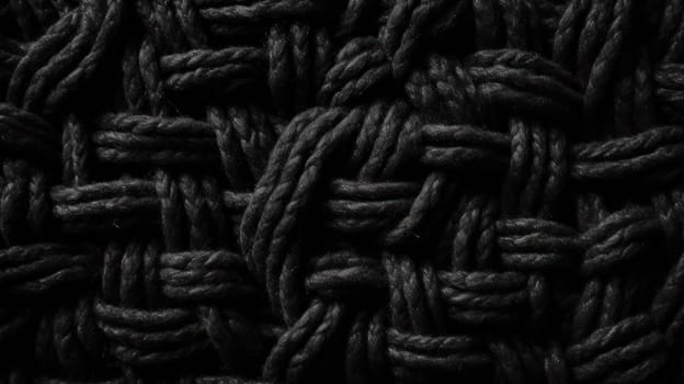 This macro photograph captures the intricate details of a black woolen textile background with a wicker pattern. The fine fibers and weaving technique create a beautiful and elegant texture that is sure to enhance any design project. The top-down angle and shallow depth of field give a cinematic feel to the image, emphasizing the intricate details of the pattern.