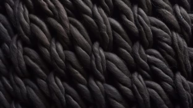 This macro photograph captures the intricate details of a black wool textile material with a wicker pattern. Shot from a top view, the texture and pattern of the wool are highlighted in high resolution, providing an incredibly detailed and hyper-realistic portrayal of the material.