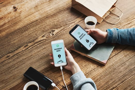 Money transfer. Online banking. People transferring money online using applications for send and receive money on smartphones. Friends making money transfers. Smartphone screen displaying money transfer confirmation. Digital wallet. Money exchange. Paying for online shopping. Fast payment system