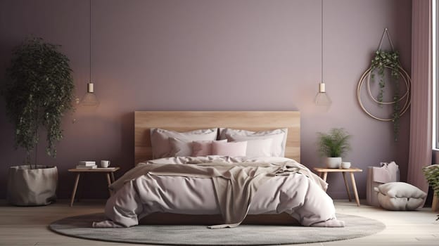 Interior of bedroom with modern furniture near lilac wall, generative ai