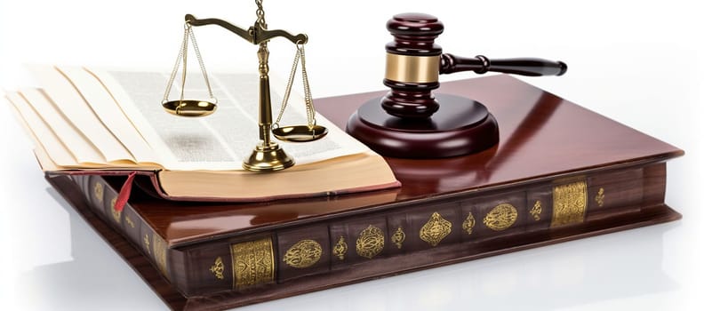 Law concept - Open law book with a wooden judges gavel on table in a courtroom or law enforcement office isolated on white background, generative ai