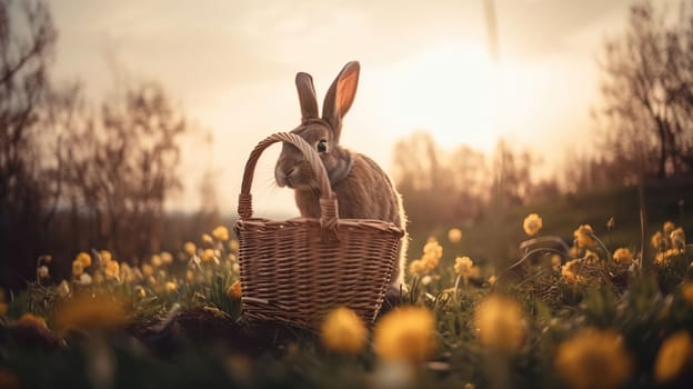 Easter bunny with a basket of eggs. Happy Easter Bunny on a card on their hind legs with flowers, generative ai