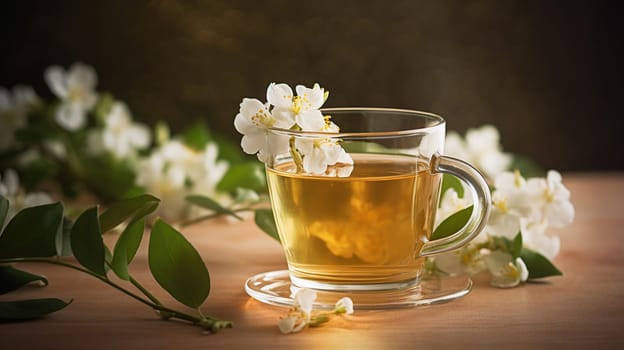 Composition with cup of jasmine tea and flowers, generative ai