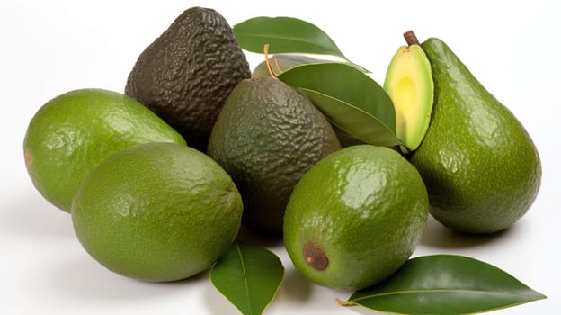 Fresh avocados and leaves isolated on white, generative ai