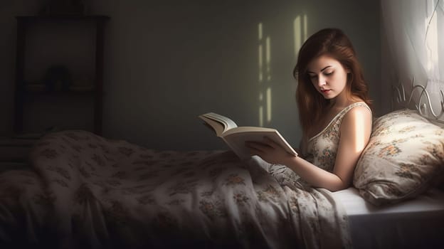 Morning of young woman reading book in bed, generative ai