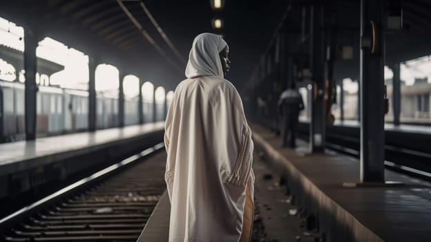 Rear view of a walking African woman on the railway station before her trip between two highway trains waiting for departure on the platform indoors of a railroad depot, generative ai