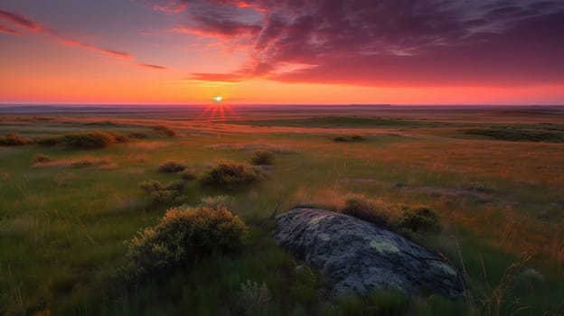 Sunset on the horizon over a vast landscape, grasslands national park, generative ai