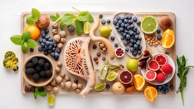 The best foods for healthy lungs and breathing. Assortment of natural products to boost lungs health with the inscription Healthy Lungs. Generative ai