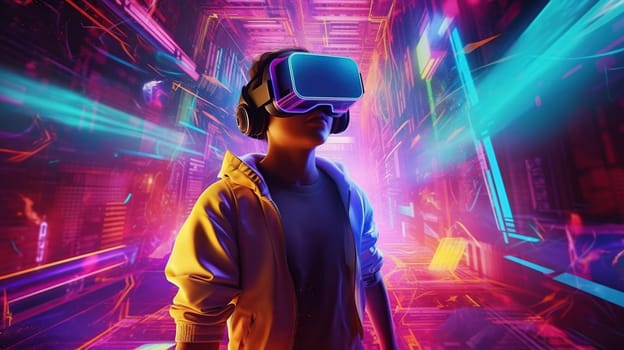 Future digital technology metaverse game and entertainment, teenager having fun play VR virtual reality goggle, sport game 3D cyber space futuristic neon colorful background, generative ai