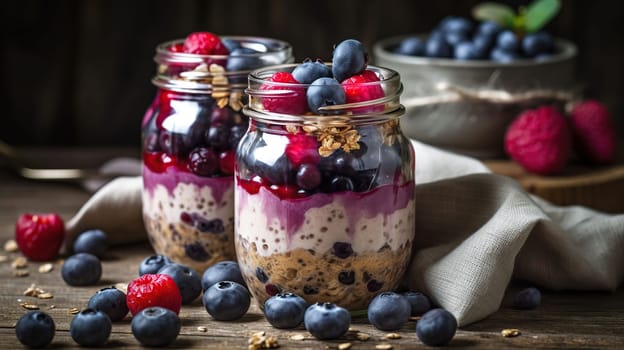 Healthy yogurt with fresh blueberries and raspberries. Banner with side border against a white wood background. Copy space, generative ai