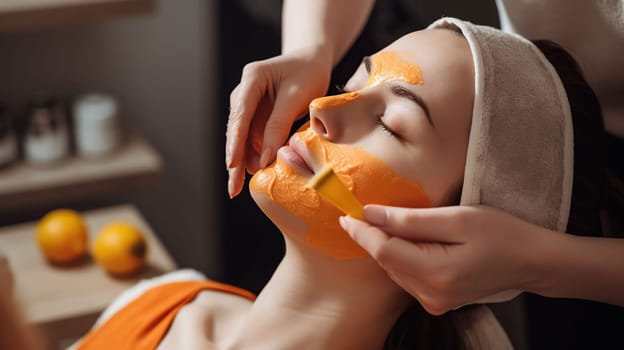 Cosmetologist applying mask with vitamin C onto woman's face in beauty salon, generative ai