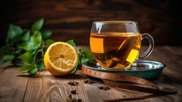 Composition with glass cup of diet herbal tea and measuring tape on wooden background, flat lay, generative ai