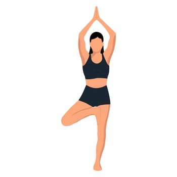 A faceless girl in a tree pose practices yoga. The concept of a healthy lifestyle. Isolated object on a white background. Vector image.