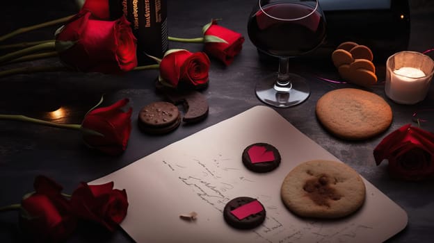 Blank letter, rose, bottle of wine, cookies, candles and gift, generative ai