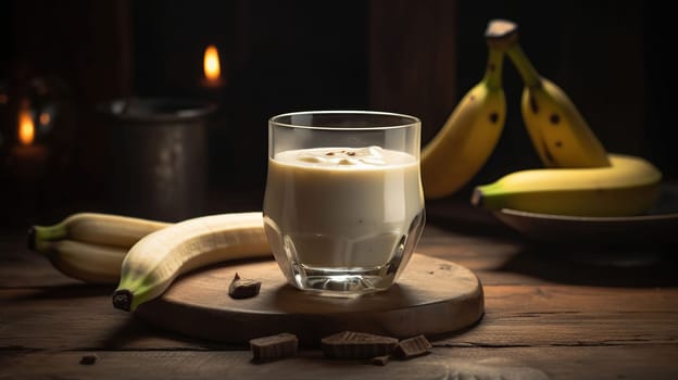 Glass of tasty vanilla pudding with banana on wooden table, closeup, generative ai